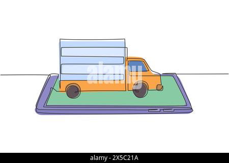 Continuous one line drawing delivery car deliver packages and ride on smartphone screen. Online delivery service. Fast delivery parcel concept. Single Stock Vector