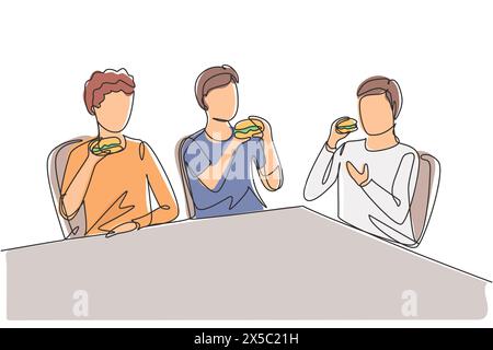 Single continuous line drawing young fun and smiling men together. Friends eating fast food meal in restaurant. Happy people sitting and having dinner Stock Vector