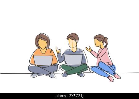 Single continuous line drawing three students studying with laptop and sitting on the floor together. Back to school, online education concept. Dynami Stock Vector