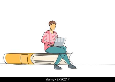 Single continuous line drawing young man studying with laptop and sitting on big book. Back to school, intelligent student, online education concept. Stock Vector