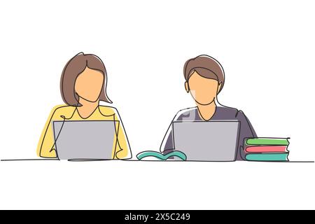 Continuous one line drawing two young woman studying with laptop and pile of books. Back to school, intelligent students, online education concept. Si Stock Vector
