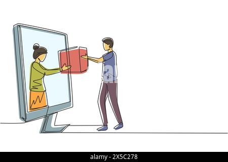 Single one line drawing female customer receives boxed package, through monitor screen from courier. Online delivery service concept. Modern continuou Stock Vector