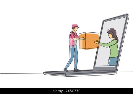 Continuous one line drawing female customer receives boxed package, through laptop screen from male courier. Online delivery service concept. Single l Stock Vector