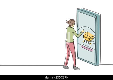 Continuous one line drawing young woman shopping online via giant smartphone screen. Sale, digital lifestyle with internet and gadgets concept. Single Stock Vector