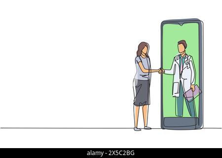 Continuous one line drawing female patient shaking hands with male doctor in smartphone holding clipboard. Online medical consultation concept. Single Stock Vector