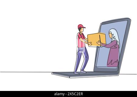 Single continuous line drawing Arabian female customer receives boxed package, through laptop screen from courier. Online delivery service. Dynamic on Stock Vector