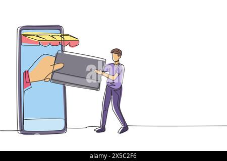 Single continuous line drawing young man inserting credit card into canopy smartphone screen and accepted by hand. Digital payment concept. Dynamic on Stock Vector
