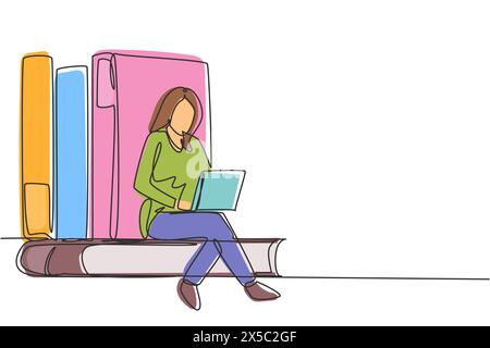 Single continuous line drawing young woman studying with laptop and sit and lean on big books. Back to school, intelligent student, online education. Stock Vector