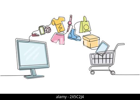 Single one line drawing monitor screen and shopping cart with products purchased online. E-commerce and digital marketing. Order to cart. Modern conti Stock Vector