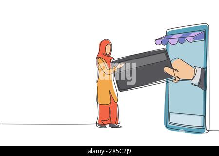 Single one line drawing Arabian woman inserting credit card into canopy smartphone screen and accepted by hand. Digital payment concept. Modern contin Stock Vector