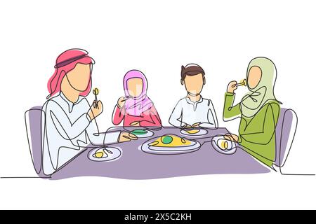 Single one line drawing diner Arabian parents and children together. Family having meal around kitchen table. Happy daddy, mom and kids eating. Contin Stock Vector
