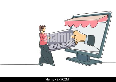 Single continuous line drawing young female inserting credit card into canopy monitor screen and accepted by hand. Digital payment concept. Dynamic on Stock Vector