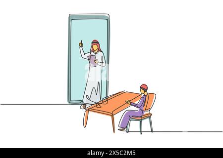 Single continuous line drawing Arab male teacher standing in front of smartphone screen holding book and teaching Arabian male students sitting on ben Stock Vector