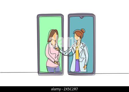 Single continuous line drawing two smartphones facing each other with female doctor checking heart rate of female patient using stethoscope. Dynamic o Stock Vector