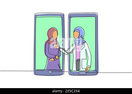 Single continuous line drawing two smartphones facing each other with hijab female doctor checking heart rate of female patient using stethoscope. One Stock Vector