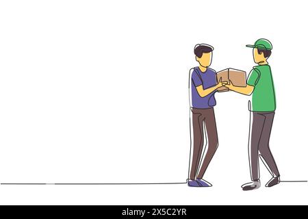 Single continuous line drawing courier gives package box to male customer. Online shopping. Online delivery service. Fast delivery parcel concept. One Stock Vector
