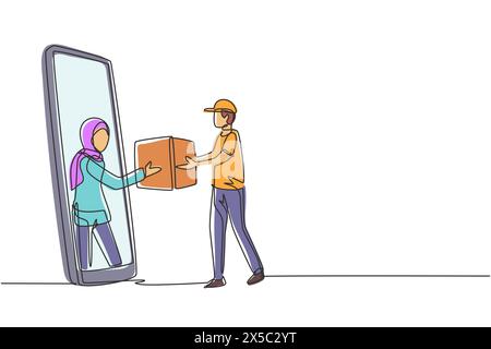Single continuous line drawing Arabian female customer receives boxed package, through smartphone screen from courier. Online delivery service. Dynami Stock Vector