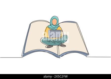 Single continuous line drawing Arabian female with laptop sitting on open big book. Freelance, distance learning, online courses, and studying concept Stock Vector