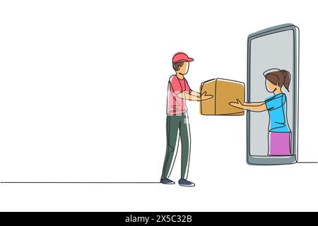 Continuous one line drawing female customer receives boxed package, through smartphone screen from male courier. Online delivery service concept. Sing Stock Vector