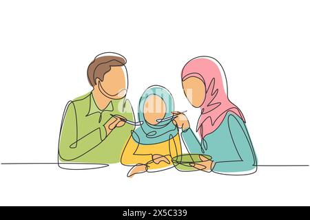 Single continuous line drawing Arabian family having fun together in restaurant. Parents feeds they daughter with love. Happy little family concept. O Stock Vector