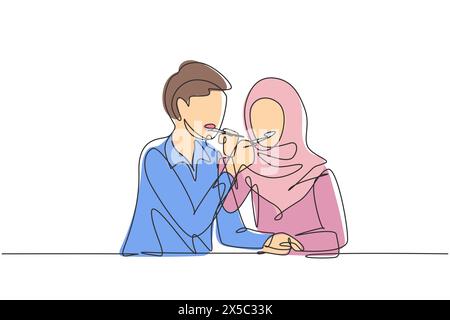 Single continuous line drawing romantic Arabic couple feeding each ...