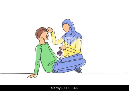 Single one line drawing romantic Arabian couple having picnic in park. Relaxing together sitting on the ground and women feeding grapes to men. Contin Stock Vector