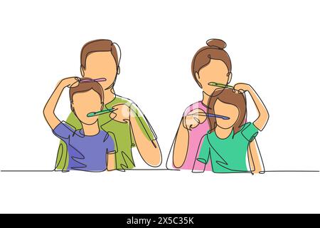 Single continuous line drawing smiling children brushes their teeth with mom and dad in bathroom. Routine habits for cleanliness of mouth and teeth. O Stock Vector