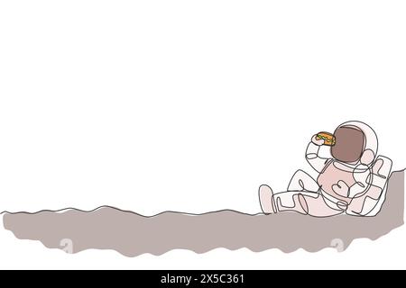 Single continuous line drawing of spaceman sitting relax on moon surface and eating delicious beef burger. Fantasy fiction of outer space life concept Stock Vector