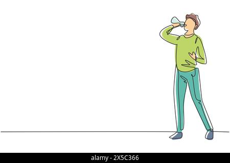 Continuous one line drawing young Arab man standing and drinking fresh water from bottle with his right hand after exercising. Healthy lifestyles. Sin Stock Vector