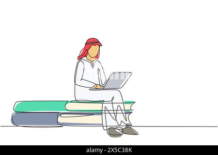 Continuous one line drawing young Arabian man studying with laptop and sitting on big book. Back to school, intelligent student, online education. Sin Stock Vector