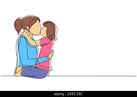 Single continuous line drawing sweet little girl is hugging and kissing her beautiful mom in cheek while sitting on bed at home. Mothers day. Dynamic Stock Vector