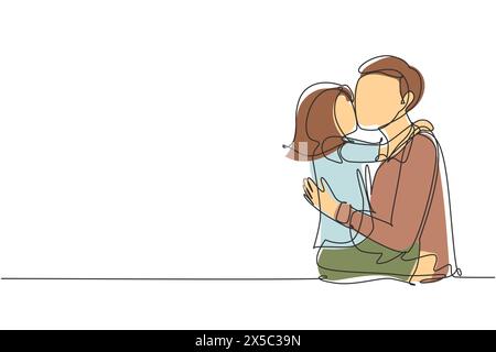 Single continuous line drawing sweet little girl is hugging and kissing her handsome daddy in cheek while sitting on bed at home. Fathers day. Dynamic Stock Vector