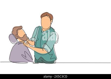 Continuous one line drawing grooming of real man. Side view of young bearded man getting beard haircut at hairdresser while sitting in chair at barber Stock Vector