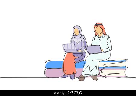 Single one line drawing Arabian couple with laptop sitting on pile of books together. Freelance, distance learning, online courses, studying. Continuo Stock Vector