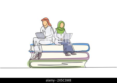 Single continuous line drawing Arabian couple with laptop sitting on pile of books together. Freelance, distance learning, online courses, studying. O Stock Vector