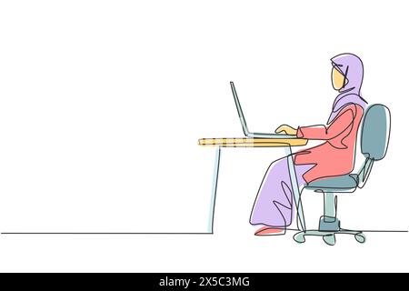 Single one line drawing Arabian female with laptop sitting on chair around desk. Distance learning, online courses, and studying concept. Modern conti Stock Vector