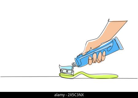 Single continuous line drawing brushing teeth. Toothbrush and toothpaste close up. Hand extrude toothpaste from tube on toothbrush. Teeth care concept Stock Vector