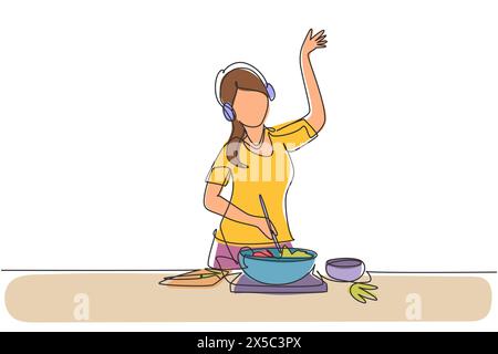 Single continuous line drawing young woman cooking and listening to music in kitchen. Healthy food illustration. Healthy lifestyle concept. Cooking at Stock Vector