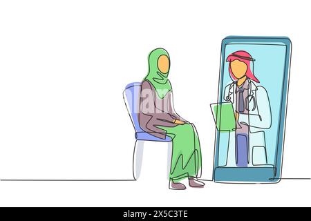 Single one line drawing Arabian male doctor holding clipboard checking condition of female patient sitting on chair. Online consultation. Modern conti Stock Vector