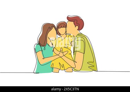 Single continuous line drawing parents kissing their little girl on her cheeks. Adorable child with an innocent expression. National children's day. O Stock Vector