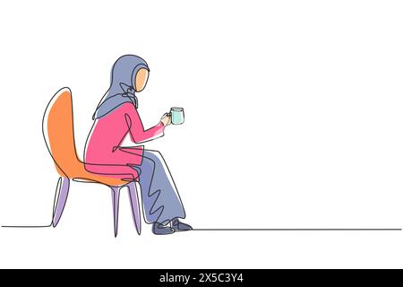 Single continuous line drawing young Arabian girl sitting in modern chair, enjoying coffee in front of window at cozy home, side view concept. Dynamic Stock Vector