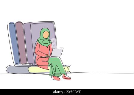Single continuous line drawing Arabian woman studying with laptop and sit and lean on big books. Back to school, intelligent student, online education Stock Vector