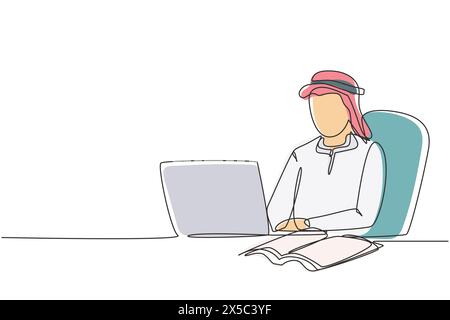 Single one line drawing Arabian man studying with laptop and open book. Back to school, intelligent student, online education concept. Modern continuo Stock Vector