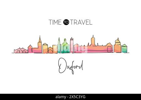 Single one line drawing Oxford city skyline, England. World historical town landscape. Best holiday destination postcard print. Editable stroke trendy Stock Vector