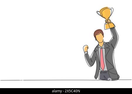 Single continuous line drawing young businessman holding golden trophy in one hand. Symbol of achievement and successful business performance. Dynamic Stock Vector