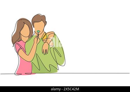 Single one line drawing romantic woman feeding husband for breakfast. Celebrate wedding anniversaries and enjoy romantic moment at home. Modern contin Stock Vector