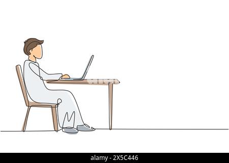 Single one line drawing Arabian boy with laptop sitting on chair around desk. Distance learning, online courses, and studying concept. Modern continuo Stock Vector