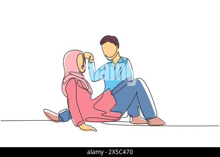 Single continuous line drawing romantic Arabian couple having picnic in park. Relaxing together sitting on the ground and men feeding grapes to women. Stock Vector