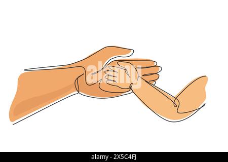 Single one line drawing baby hand in mother's hand. Beautiful sleeping baby girl. Newborn little baby girl, asleep on blanket. Mom and her child. Cont Stock Vector