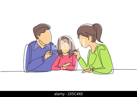 Continuous one line drawing young family having fun together in restaurant. Parents feeds they daughter with love. Happy little family concept. Single Stock Vector